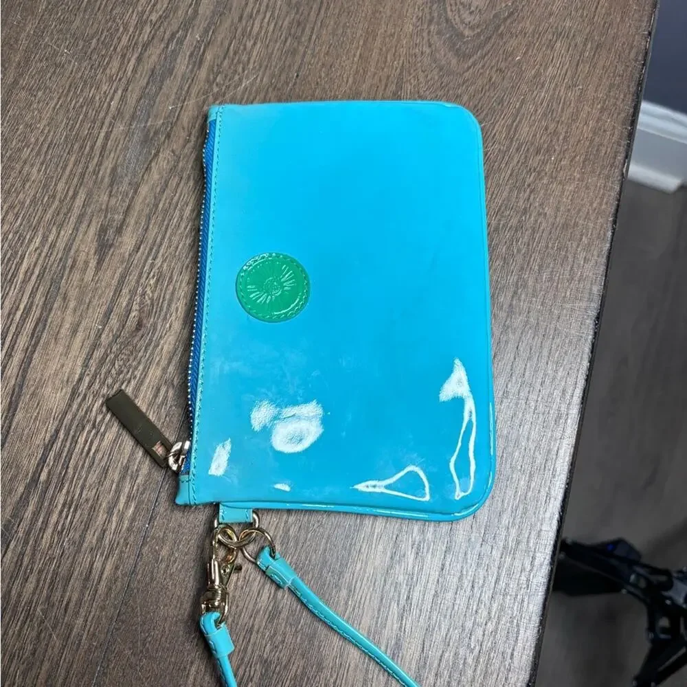 Tory Burch Teal Patent Leather Wristlet Gold Zipper Pouch